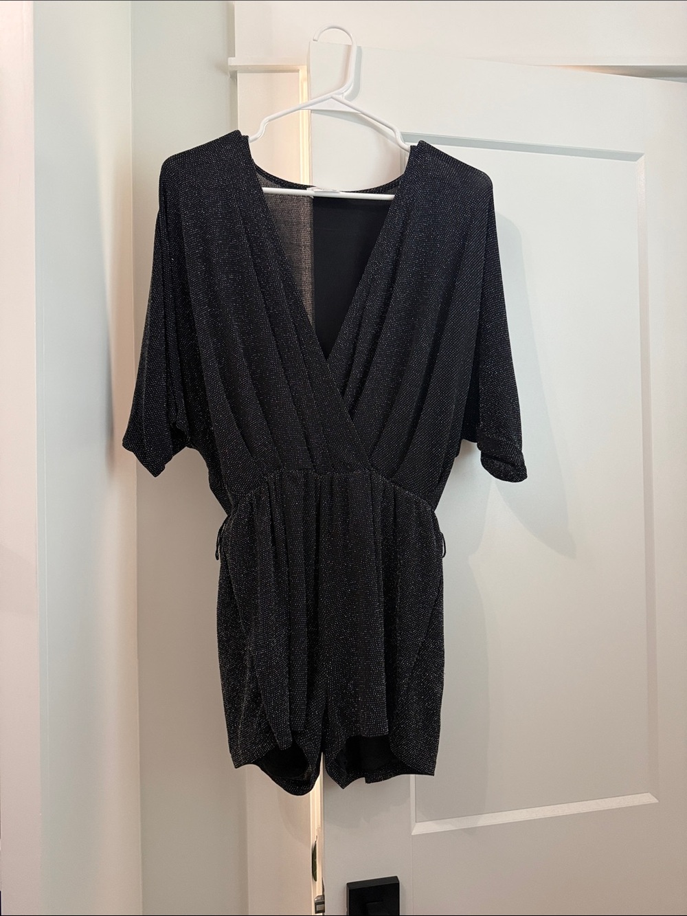 Black Sparkle Surplice Romper - Women